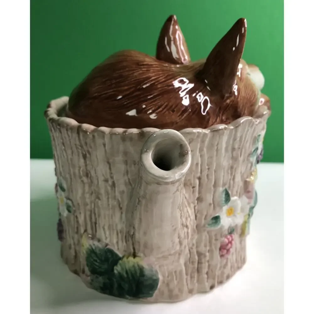 1990 Retired FITZ & FLOYD Sleeping Fox On Tree Stump With Berry Vine TEAPOT 32oz